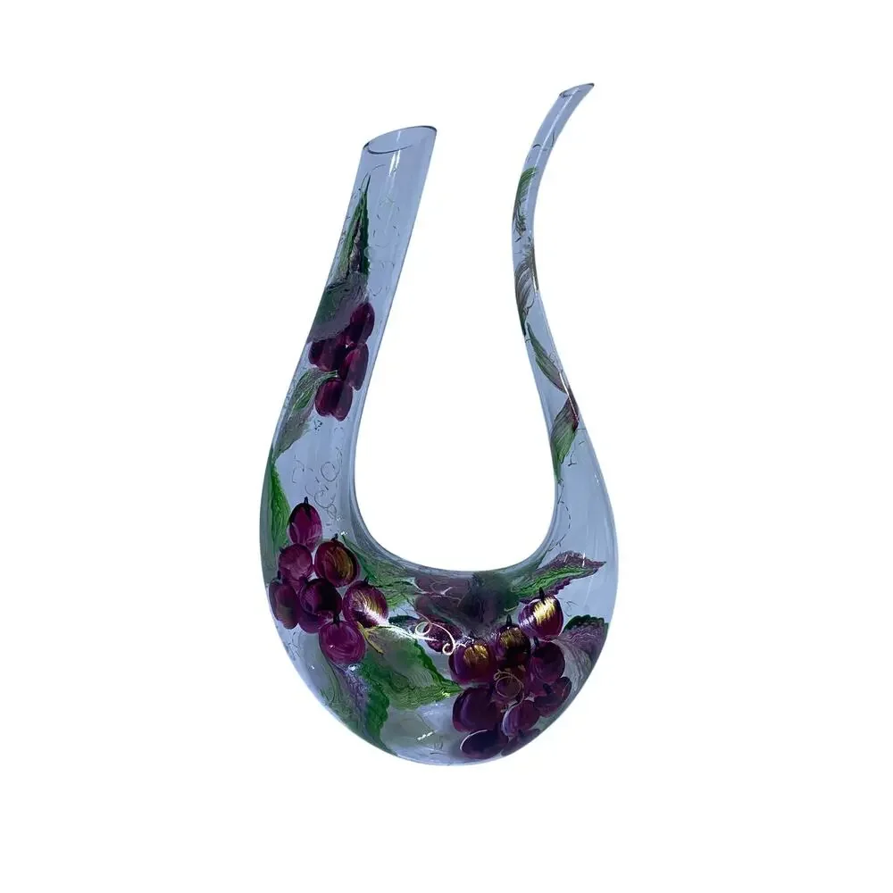 Hand Painted Floral Wine Decanter by NEX Glass Artist Signed 13 Inch Tall